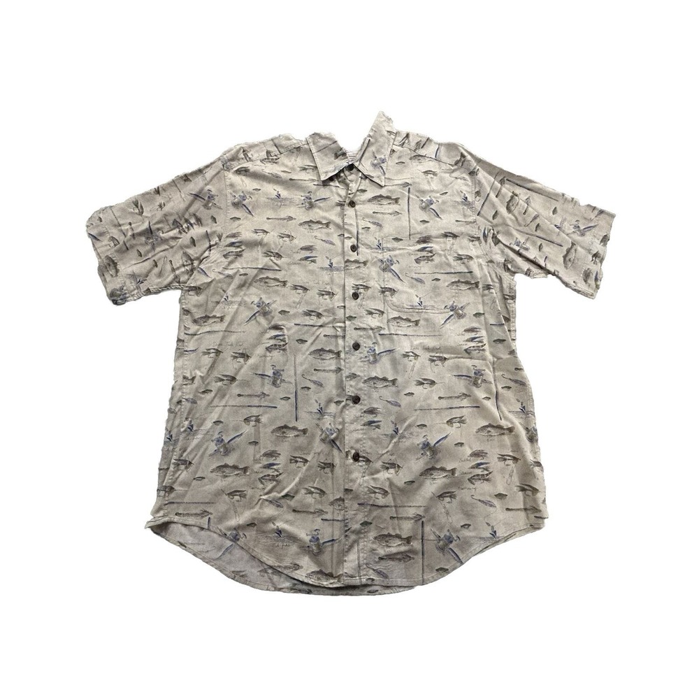 Woolrich Shirt Mens LGE Beige Fishing Print Short Sleeve Button Down Outdoor - Picture 5 of 8